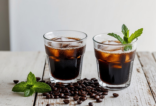 Zwei Coffee Julep, alkoholfreier Aperitif mit Kaffee und Minze, auf einem Tisch