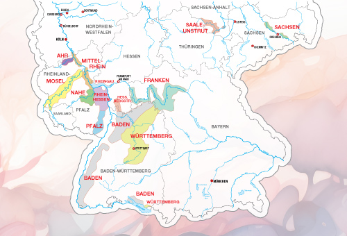Deutschlandkarte, auf der die 13 Weinanbaugebiete farbig markiert sind