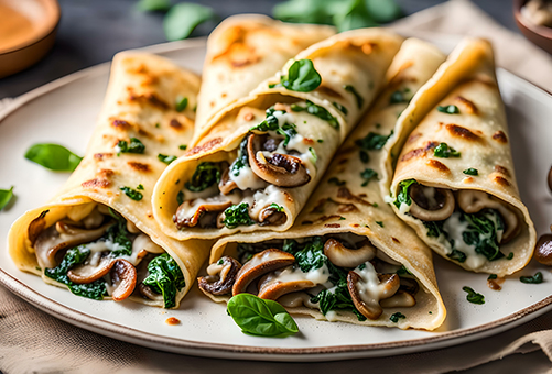 Pfannkuchen mit einer Champignon-Spinat-Füllung auf einem Teller angerichtet