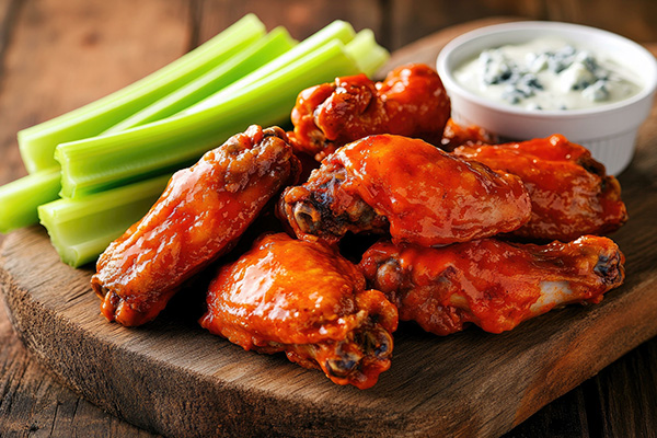 Knusprige Buffalo Wings mit Staudensellerie und Dip