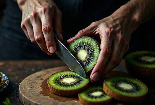 Kiwi wird kleingeschnitten